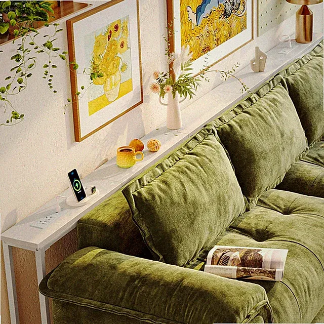 110.2" White Sofa Table with Power Outlets & USB-C Ports for Living Room