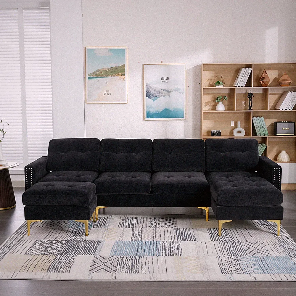 110.6" L-Shape Convertible Sectional Sofa Couch with Movable Ottoman for Livin