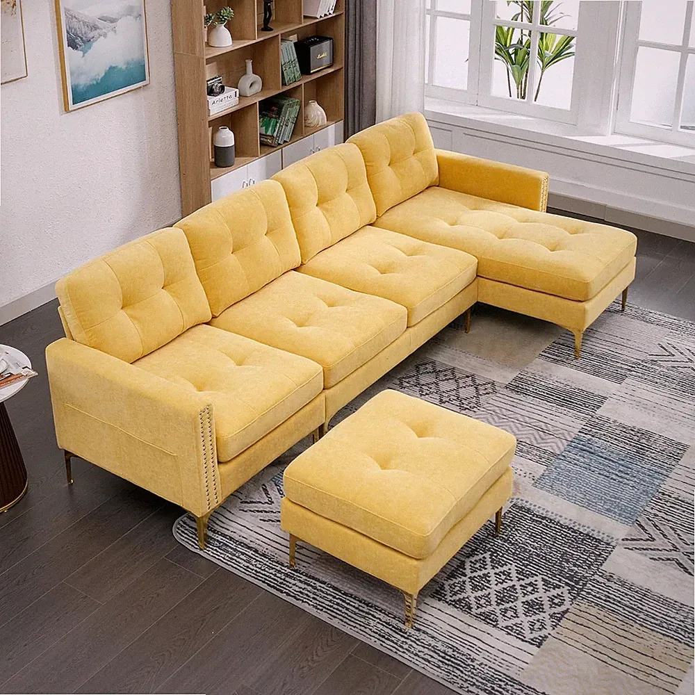 110.6" Velvet Sectional Sofa Couch with Chaise Lounge & Ottoman for Living Room