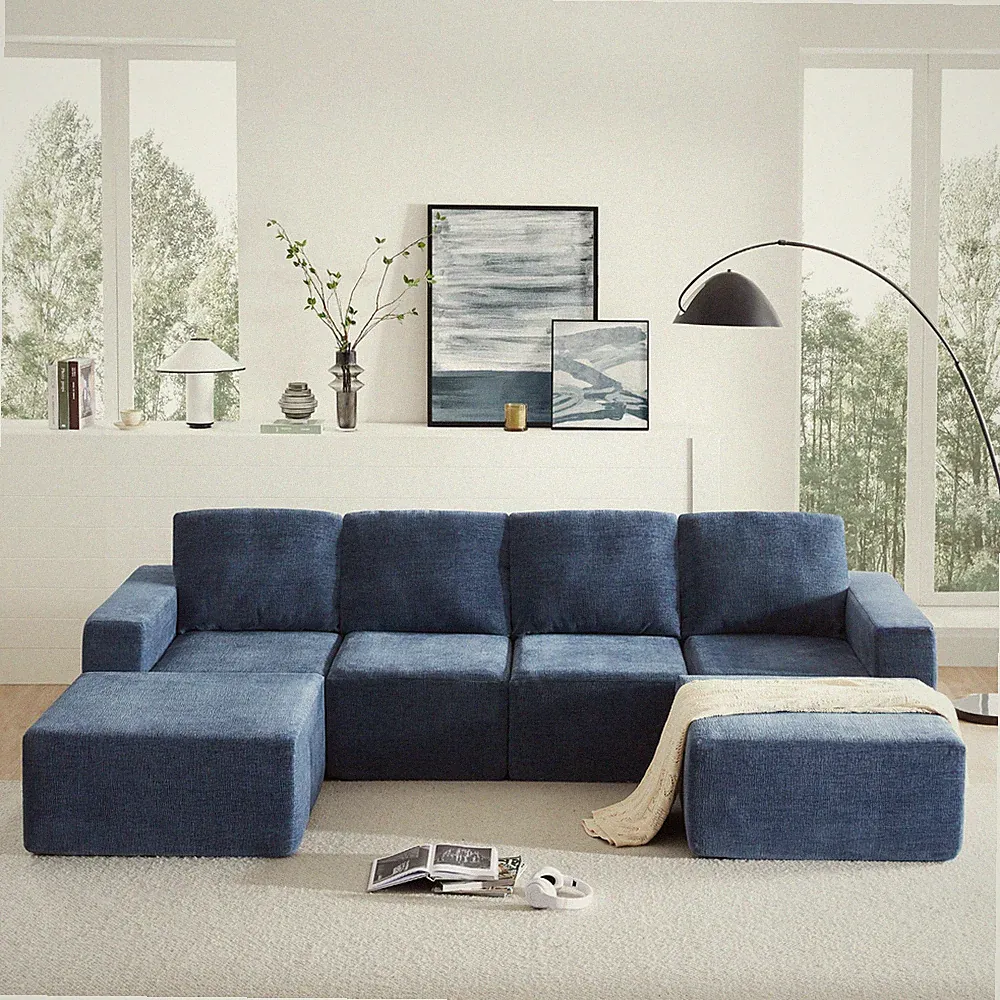 110*72" Modular U-Shaped Sectional Sofa with Ottomans 6-Seat Sofa Navy Polyester