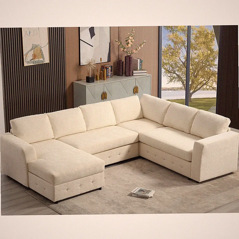 110.75" U-Shaped Sectional Sofa with Chaise Storage Modular Couch Chenille Beige