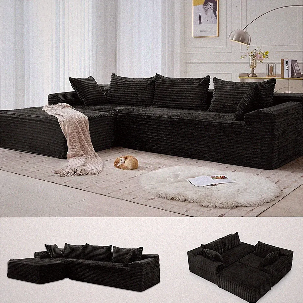 110" Boneless Modular Sectional Sofa with Chaise, L-Shaped Comfy Corduroy Fluffy