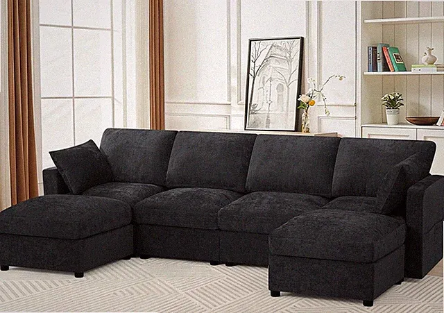 110” Chenille 4-Seats Sofa W/Two Movable Ottomans, Black