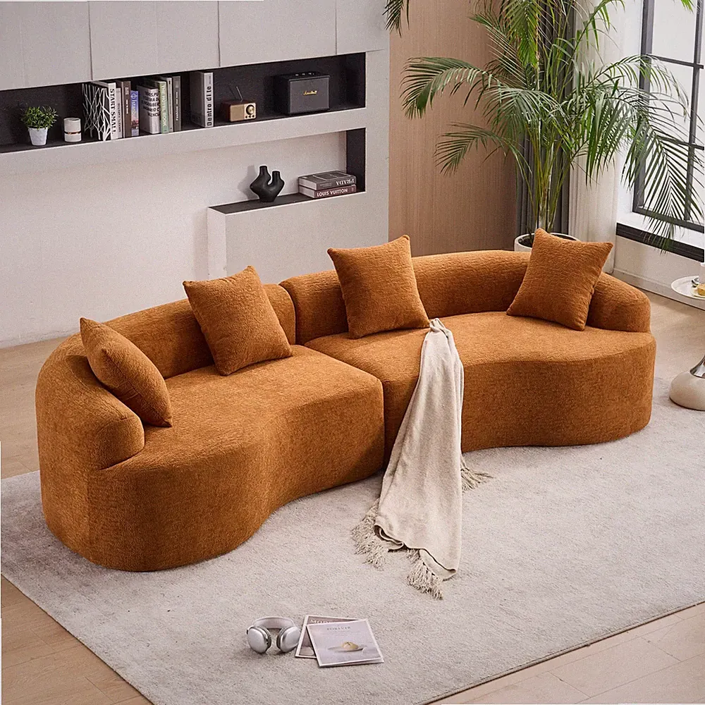 110'' Chenille Boneless Couches Sectional 4-Seater Curved Sofa Sleeper Orange