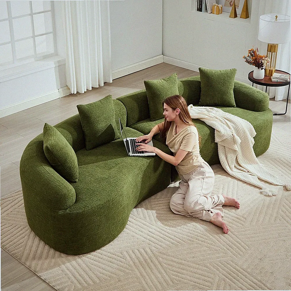 110" Curved Boneless Sofa Sectional, Sleeper w/ Chaise, Green Chenille