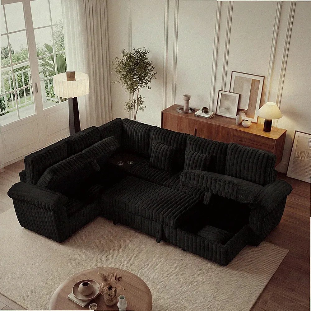 110-inch U-shaped corduroy super soft sectional sofa with storage and pull-out