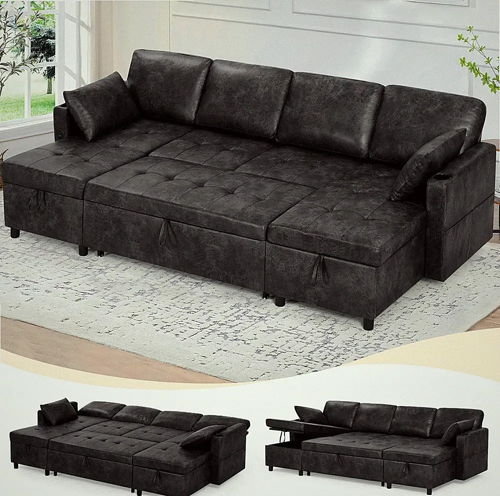 110 Inches Suede Leather Sleeper Sofa W/Pull Out Bed, Black