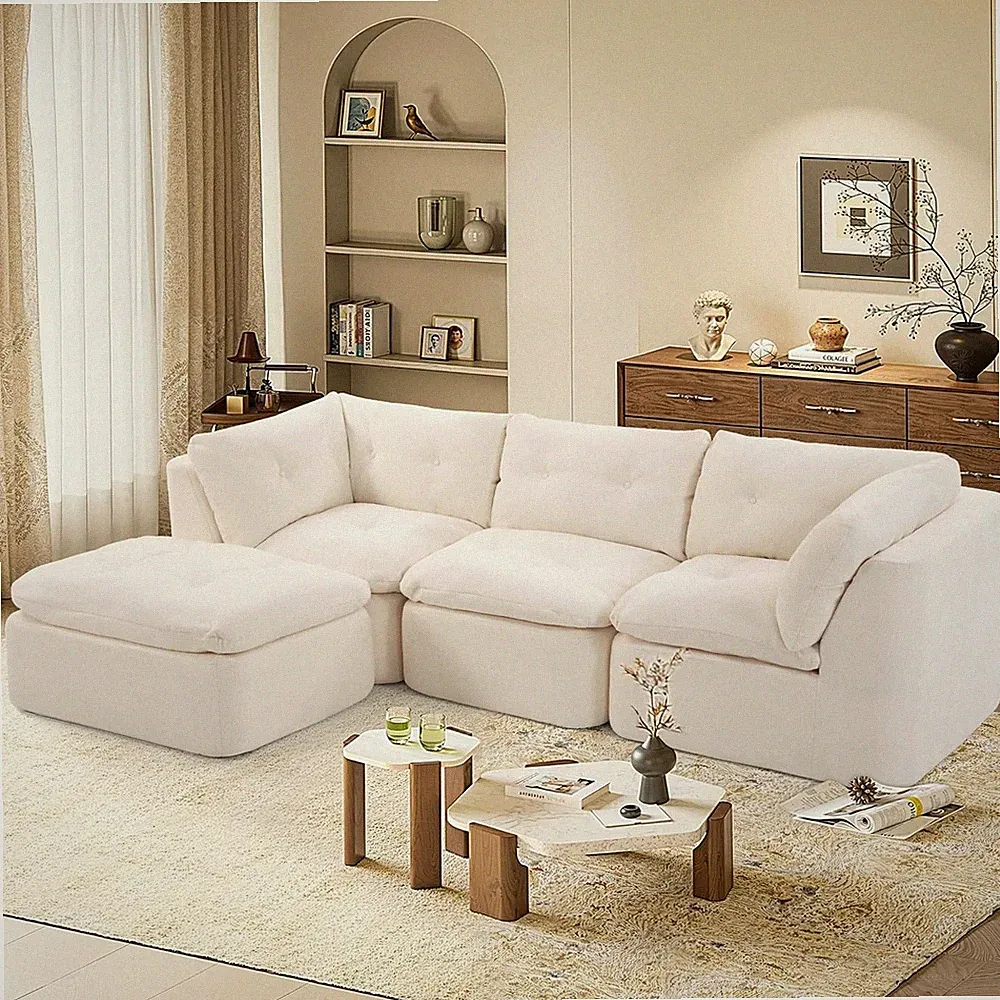 110" L-Shaped Modular Sectional Sofa 3-Seater Cloud Couch with Ottoman, Beige