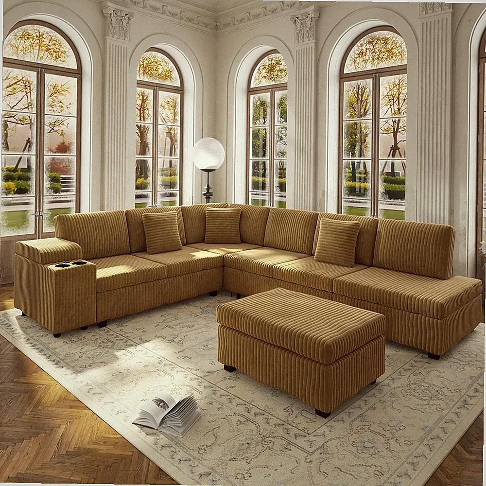 110" L-Shaped Oversized Plush Corduroy Modular Sectional Sofa with Pull-Out Bed