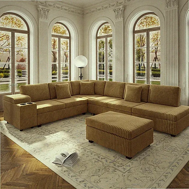 110" L-Shaped Plush Corduroy Modular Sofa Bed with USB, Cup Holders & Ottoman