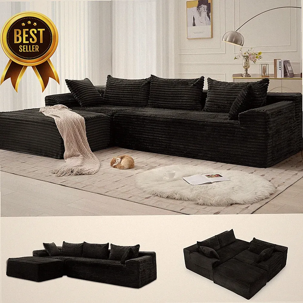 110" Modular L-Shaped Sectional Sofa Corduroy Chaise No Assembly Side Pockets