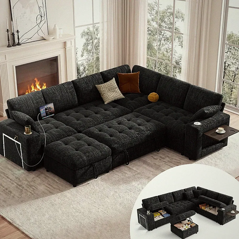 110"Modular Sectional Sofa with Pull Out Bed, L-Shaped Sleeper Sofa, Black