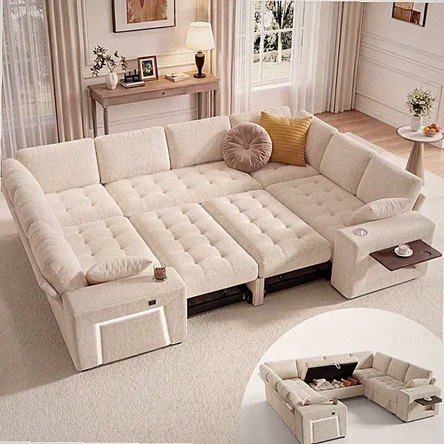 110"Modular Sectional Sofa with Pull Out Bed, U-Shaped Sleeper Sofa, Beige
