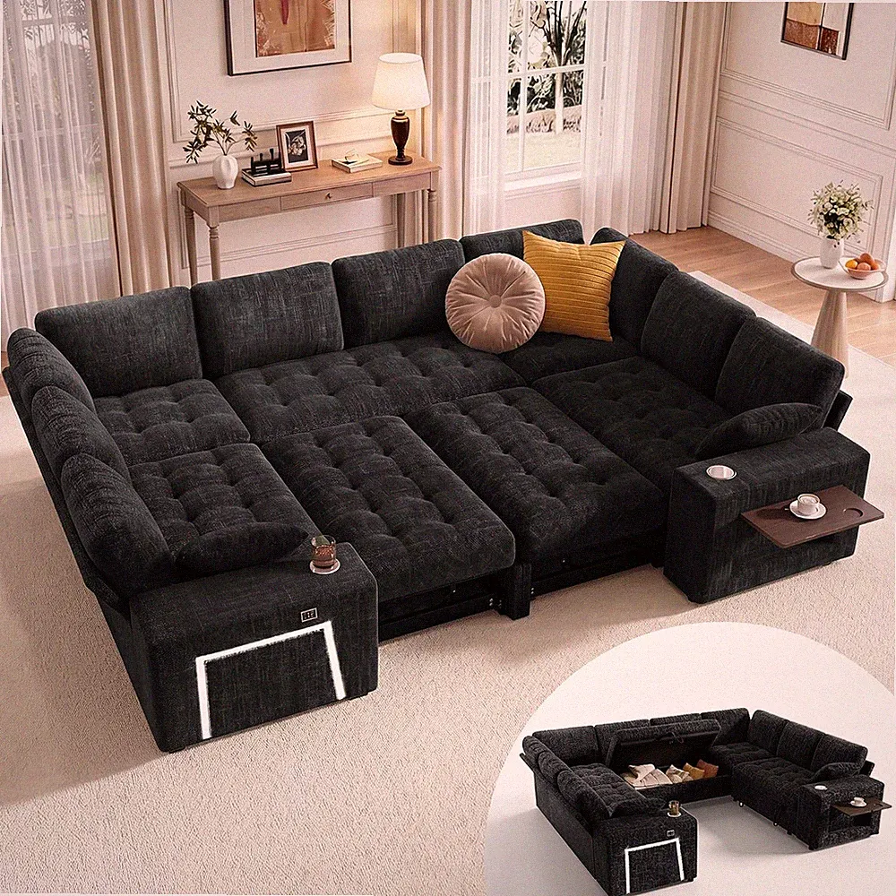 110"Modular Sectional Sofa with Pull Out Bed, U-Shaped Sleeper Sofa, Black