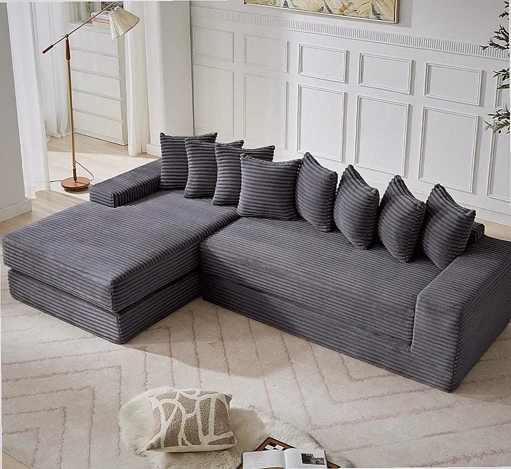 110" Oversized Dark Gray L-Shape Sectional Sofa Bed with 8 Pillows