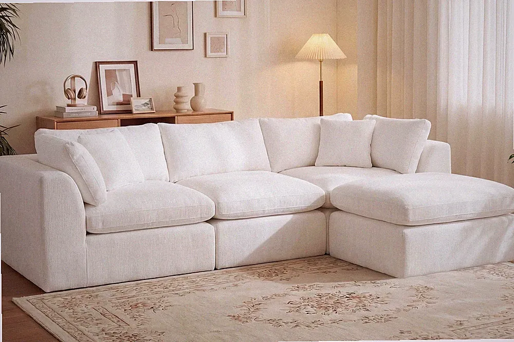 110 Oversized L Shape Sectional Sofa Ottoman Chenille Memory Foam Beige