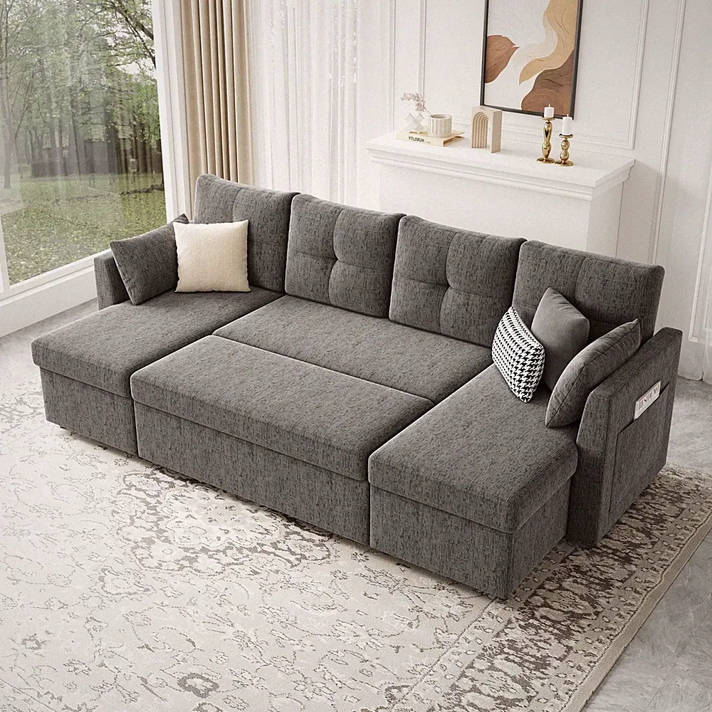 110" Oversized Sleeper Sectional Sofa Bed Storage Chaise Side Pocket Dark Grey