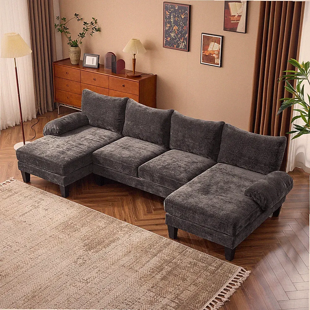 110" Sectional Couches for Living Room U Shaped Couch with Double Chaise Black