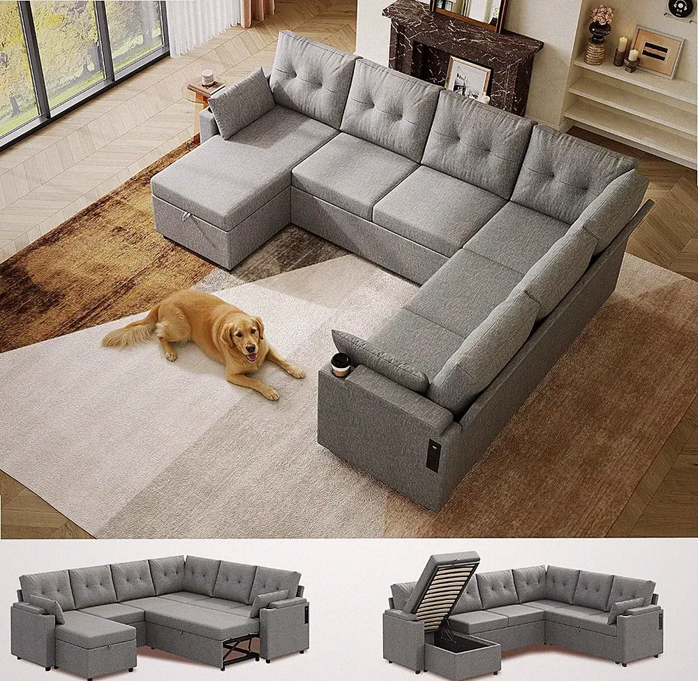 110'' Sectional Couches Living Room Pull Out Couch U Shape 7 Seat Sleeper Sofa