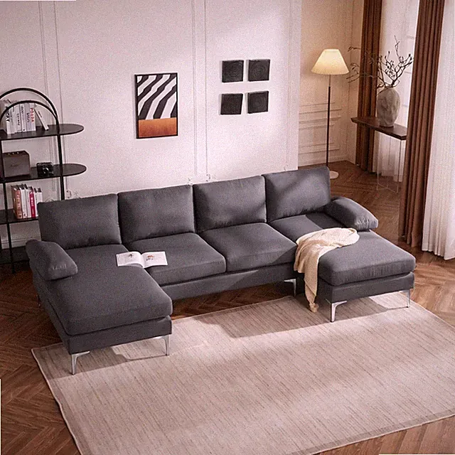 110" Sectional Sofa U-Shaped 4-Seat Couch with Chaises Linen Fabric Upholstered