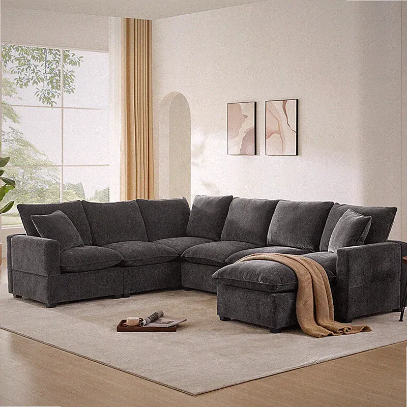 110“U Shape Modular Sofa 7 Seat Chenille Sectional Couch Set with 2 Pillows