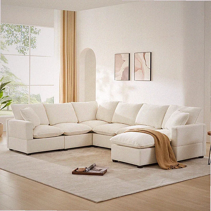 110“U Shape Modular Sofa 7 Seat Chenille Sectional Couch Set with 2 Pillows