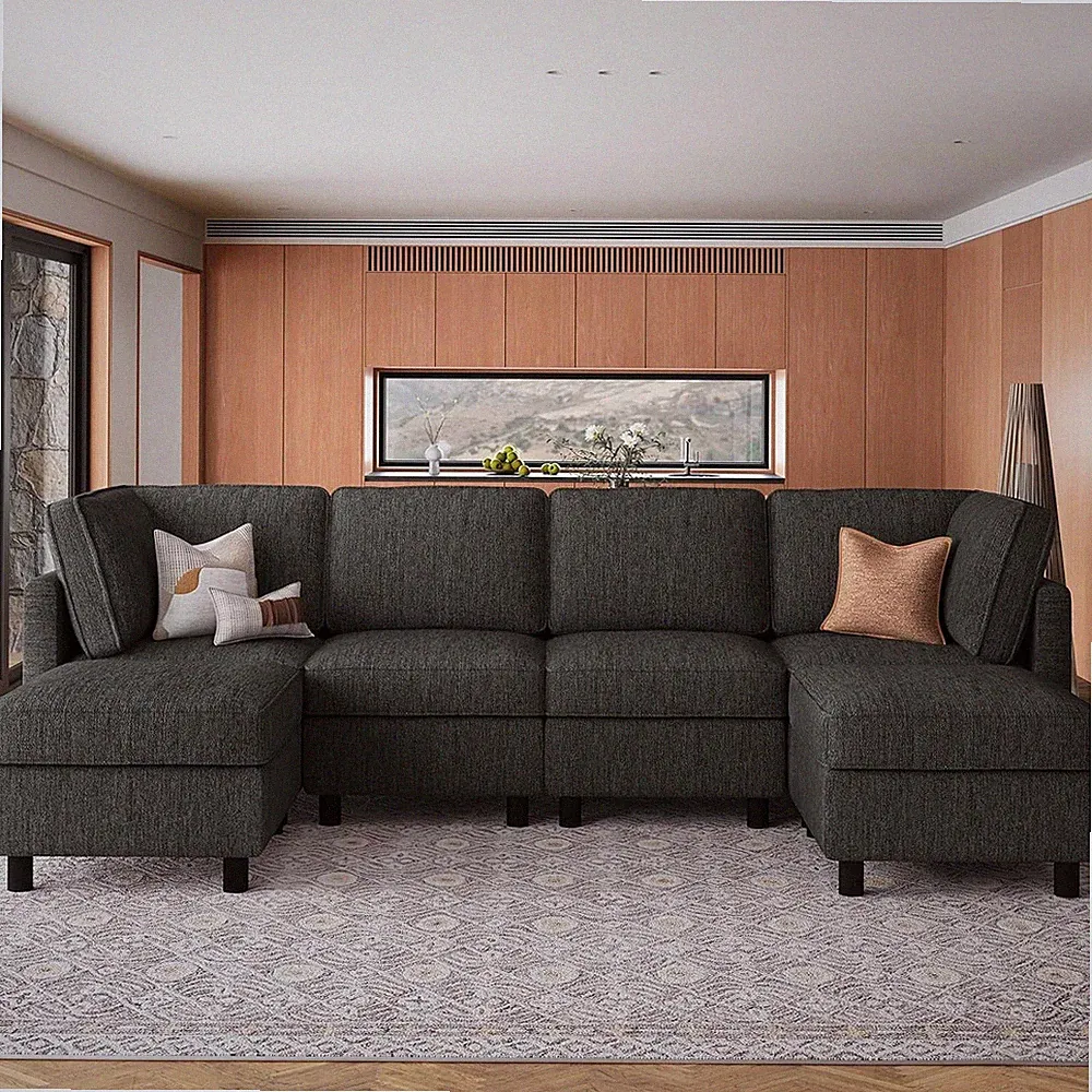 110" U-Shaped Modular Sofa with Storage - Dark Grey Sectional Couch