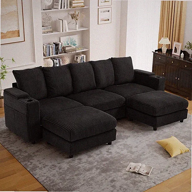 110"W U-Shaped Sectional Sofa with USB Charging & Cup Holder & 2 Movable Ottoman