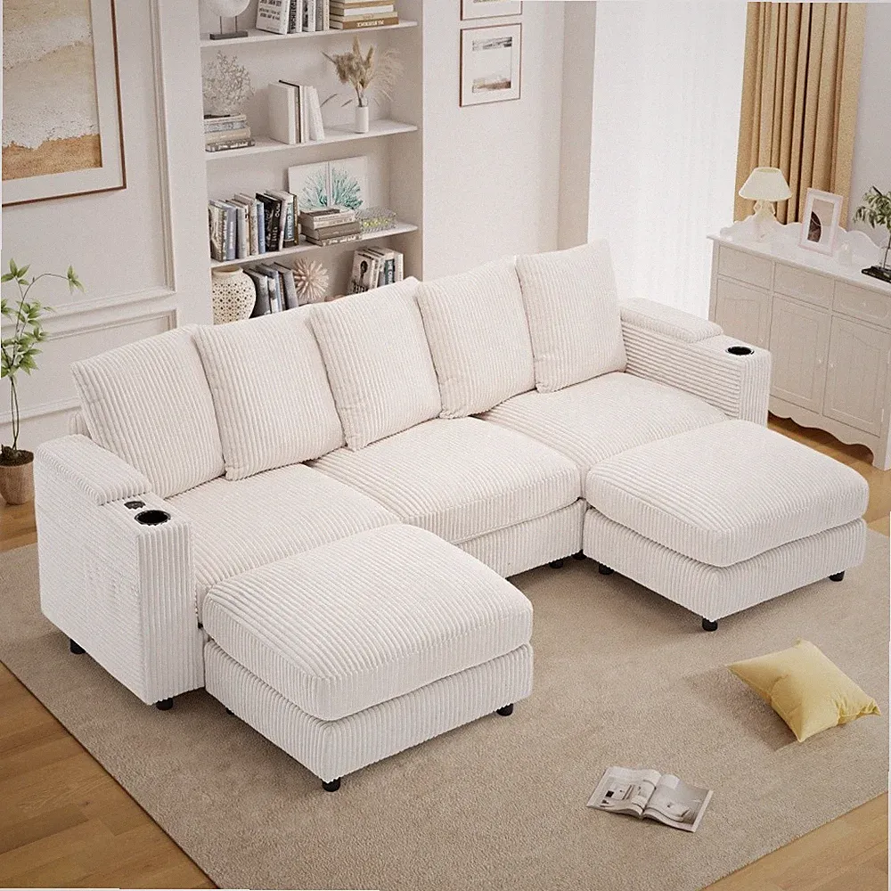 110"W U-Shaped Sectional Sofa with USB Charging & Cup Holder & 2 Movable Ottoman