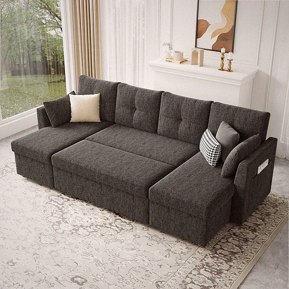 110in 2-in-2 Pullout Sleeper Sectional Sofa Bed Storage Chaise Side Pocket Black