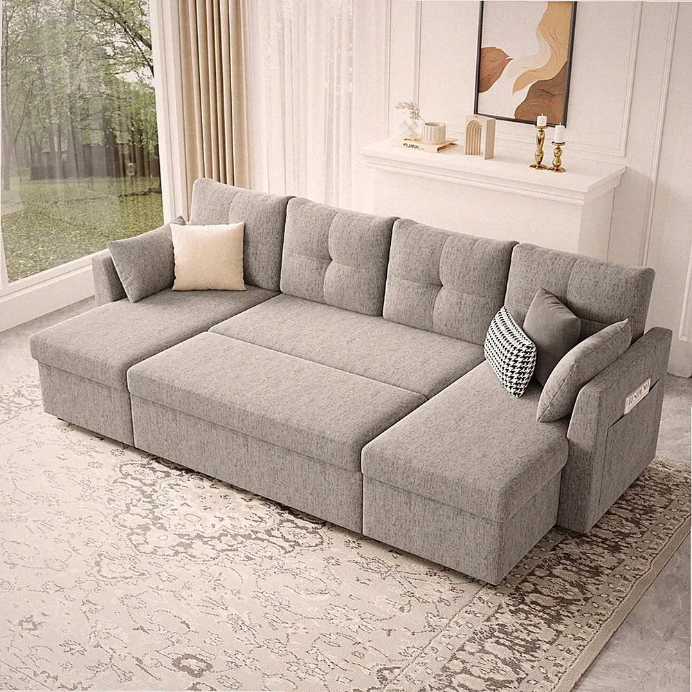 110in 2 in 4 Sectional Sleeper Sofa Storage Chaise Side Pocket Light Grey