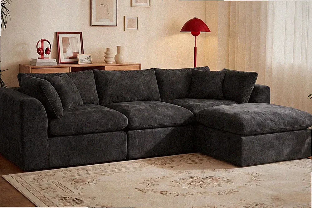 110in L Shape Memory Foam Sectional Sofa Chenille Black Ottoman 2 Throw Pillows