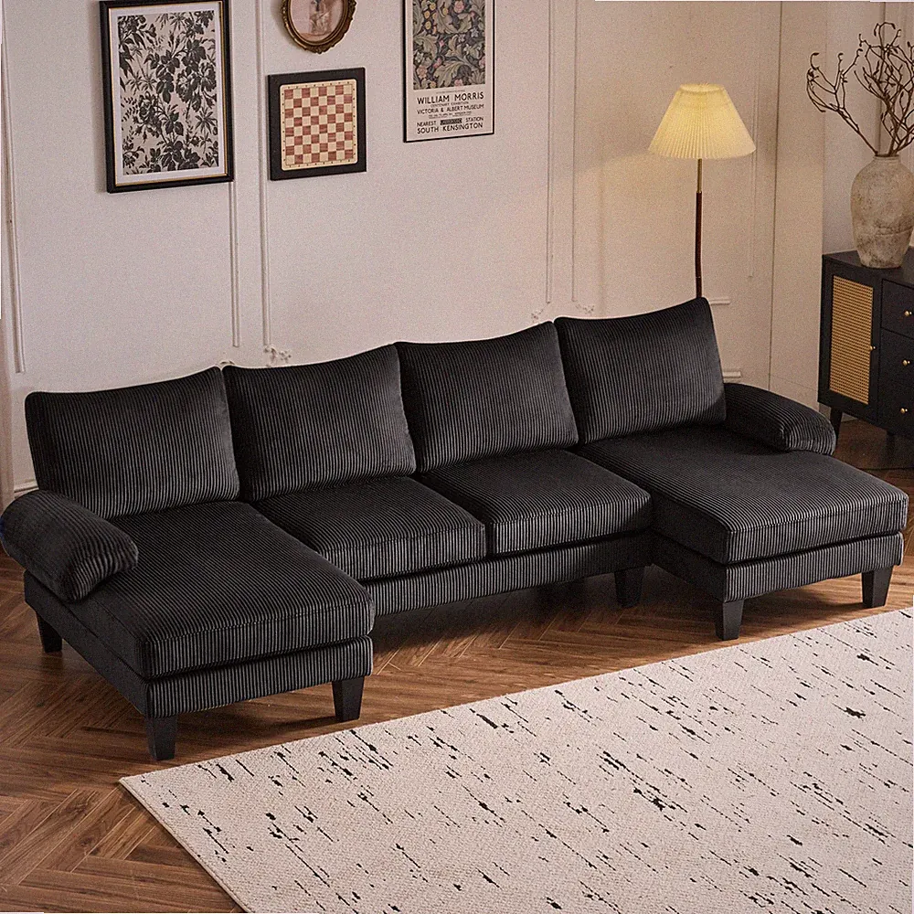 111.4"L x 48.4"W x 33.1"H U-Shape Sectional Sofa Couch Corduroy Fabric Black