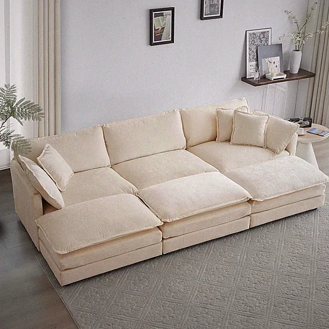111.42" Deep Seat Sectional Cloud Sofa Sleeper with 3 Ottomans & Soft Pillows, 6