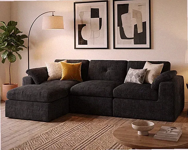 111.5" Cloud Couch, Modular Sectional Sofa with Ottoman, Black