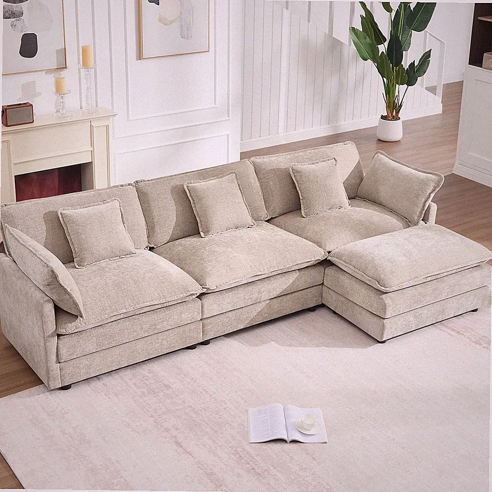 111.5" L Shaped Sectional Sofa Chenille Sleeper Deep for Seat Ottoman Pillows Ca