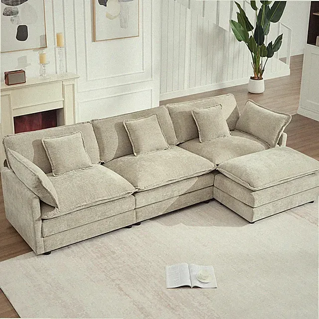 111.5" L Shaped Sectional Sofa Chenille Sleeper Deep for Seat Ottoman Pillows Ca