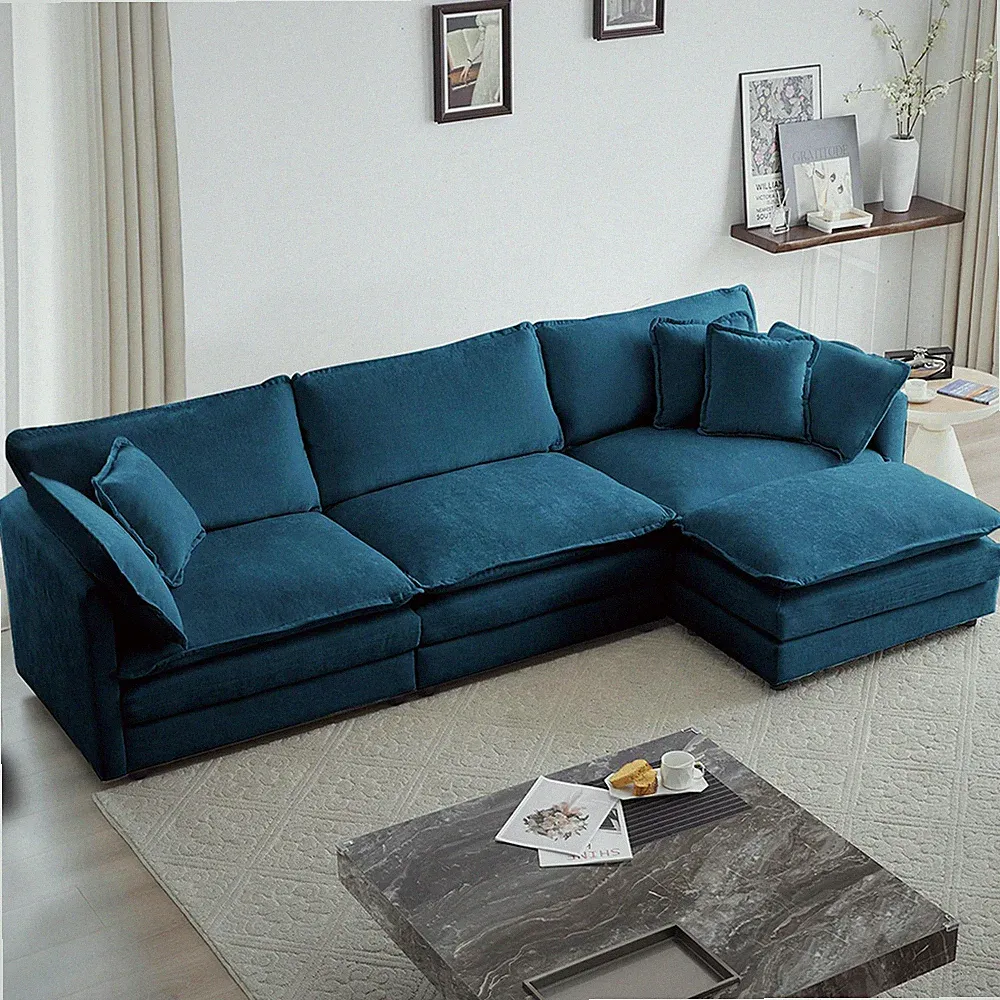 111.5 Modular L Shaped Sectional Sofa Ottoman Chenille Sleeper Blue Pillows