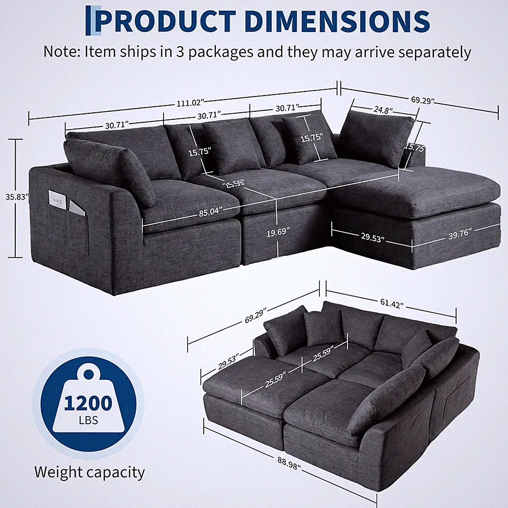 111" Boneless Cloud Sectional Couch L Shape Sectional Cloud Sofa for Living Room