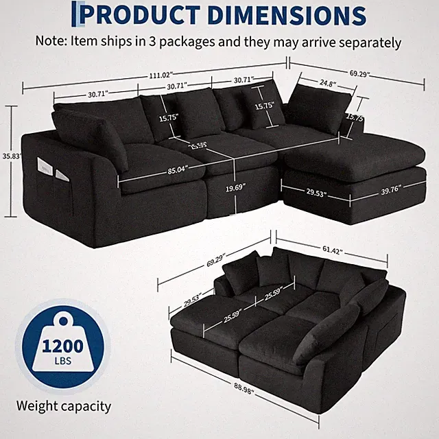 111"Boneless Cloud Sectional Couch, L Shaped 4 Seater Modular Cloud Sofa W/Ottom