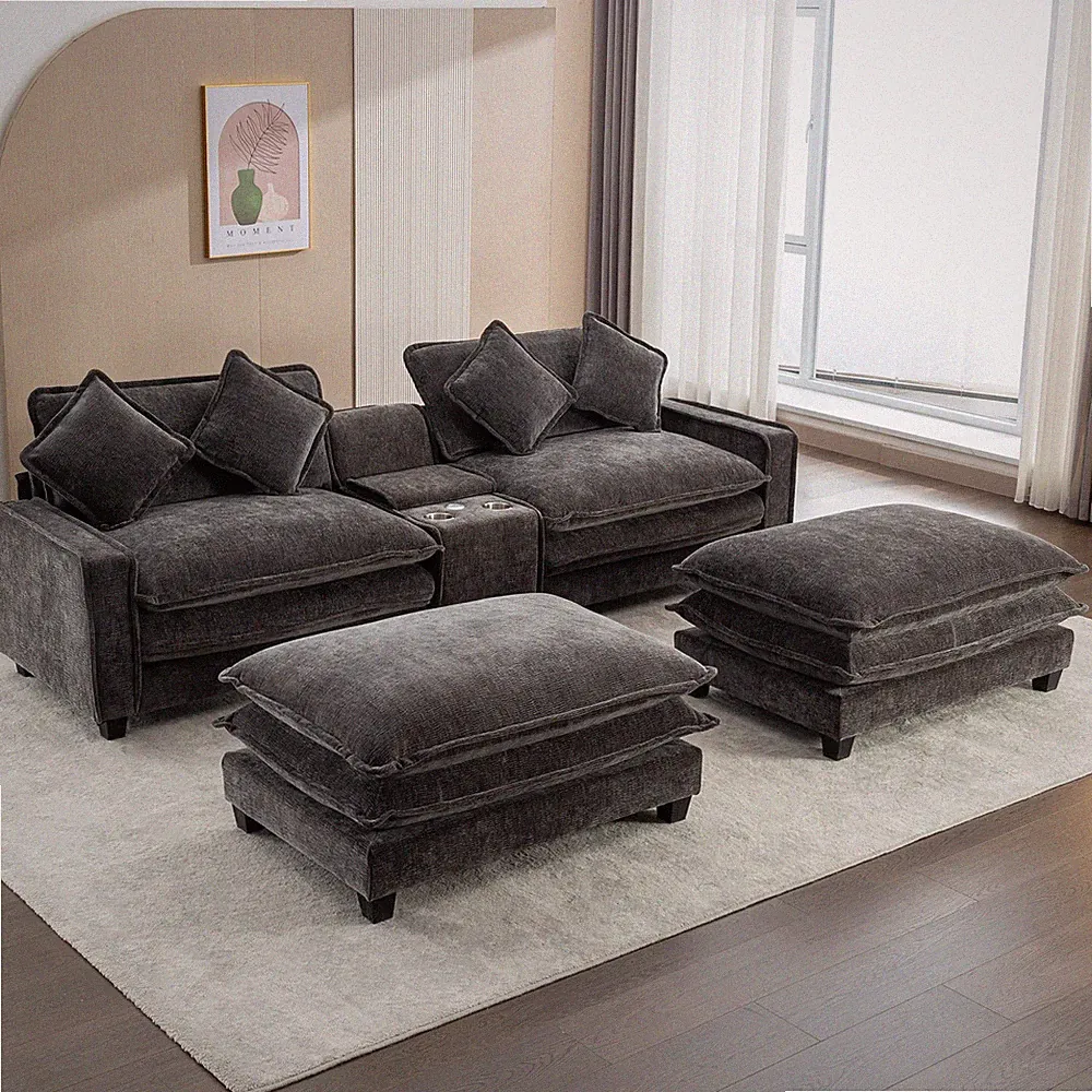 111" Chenille Sectional Sofa with Removable Ottomans, USB Ports & Storage, Grey