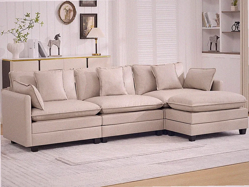 111" Cloud Deep for Seat Leather L-Shaped 4-for Seat Sectional Sofa with Ottoman
