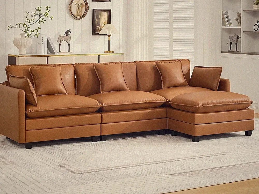 111" Leather L Shape Sectional Sofa Cloud Deep for Seat 4-for Seat w/Ottoman Lig