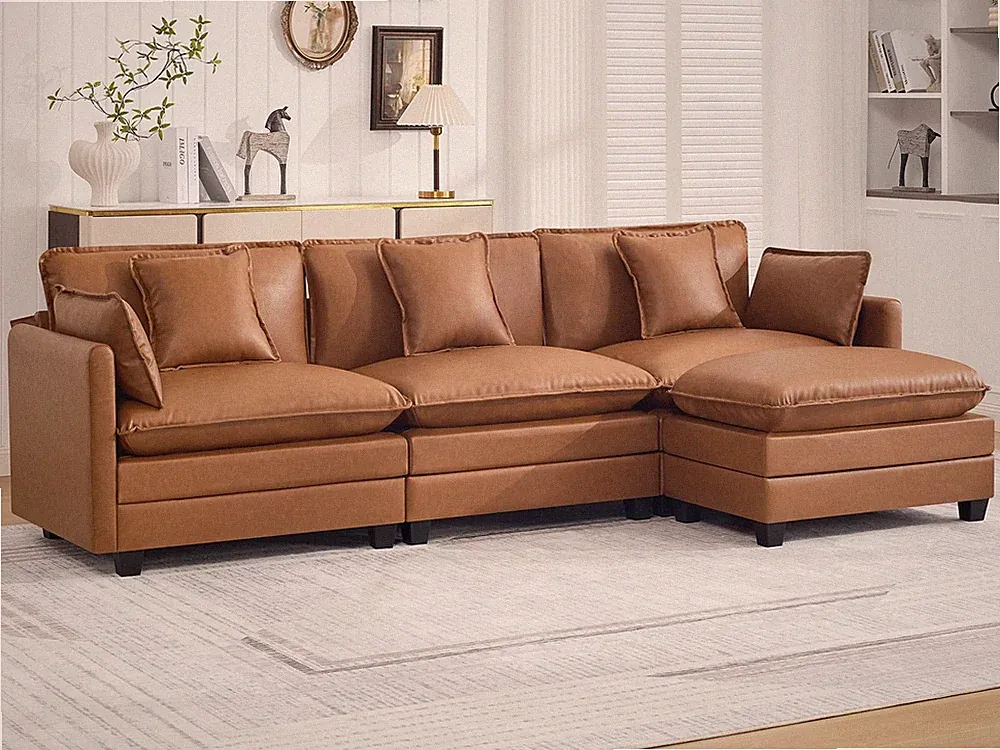 111" Leather L Shape Sectional Sofa Cloud Deep Seat 4-Seat w/Ottoman Light Brown