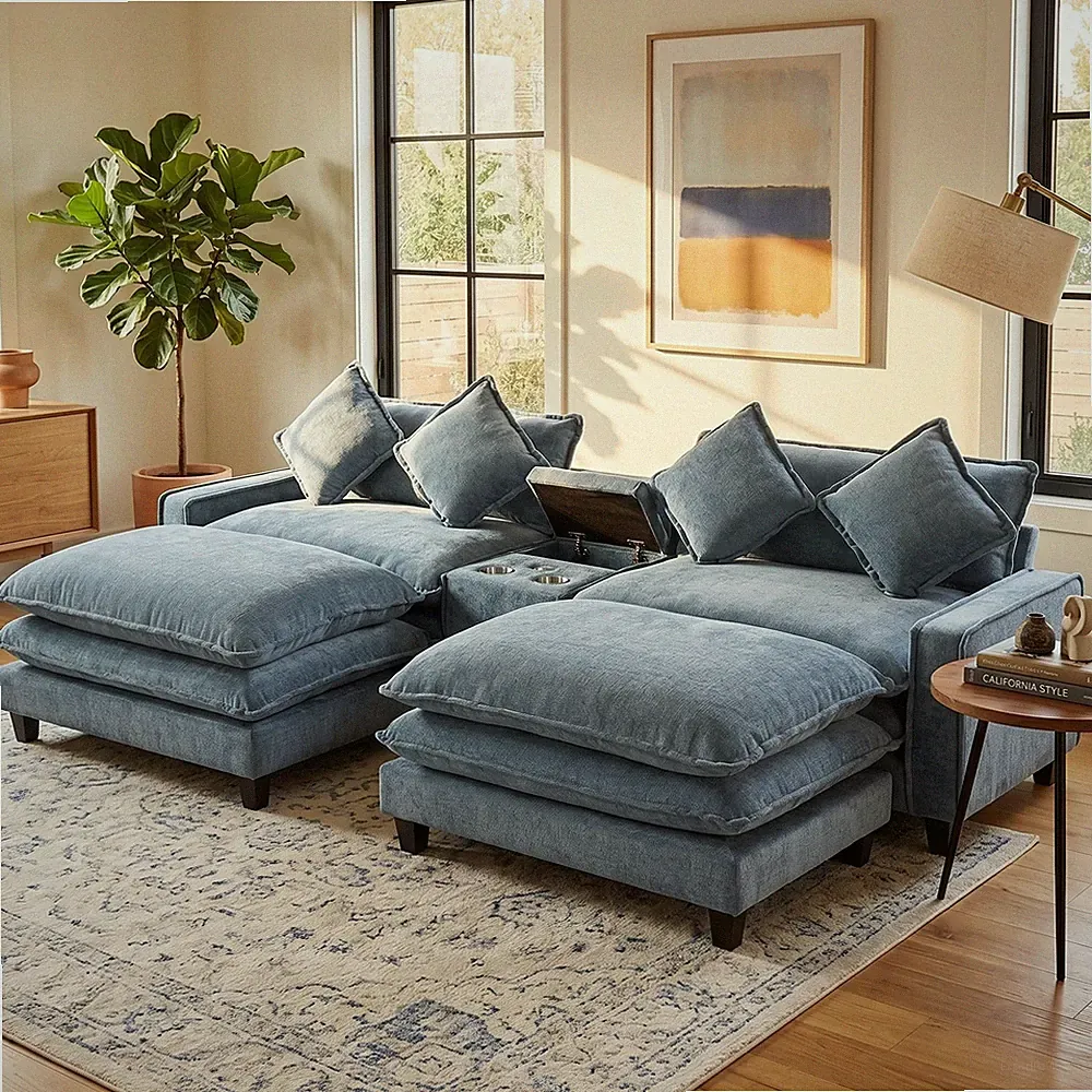 111" Light Blue Chenille Sectional Sofa with 2 Ottomans, USB Ports, Storage