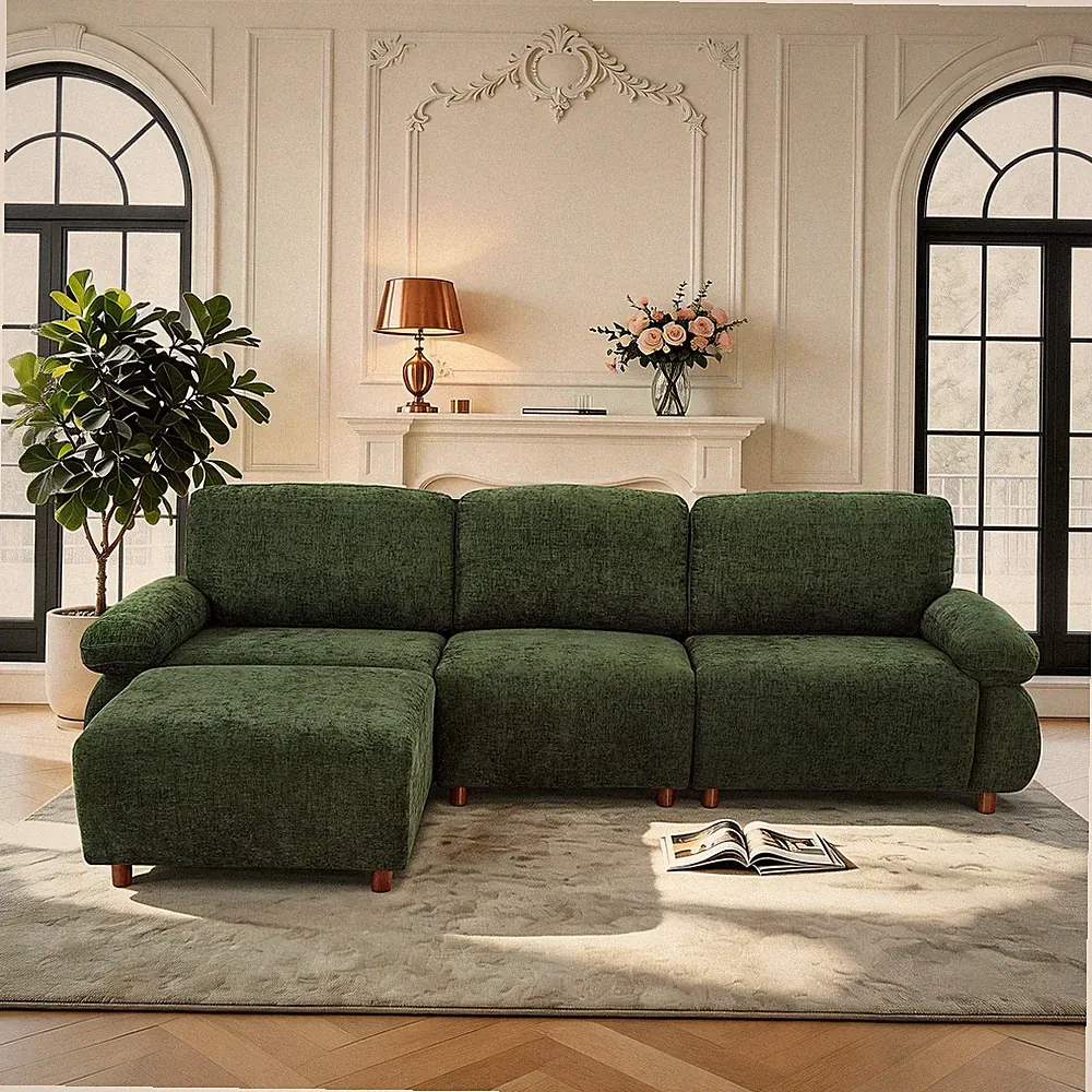 111" Modern L-Shape Sectional Sofa with Ottoman, Chenille Upholstery, Dark Green