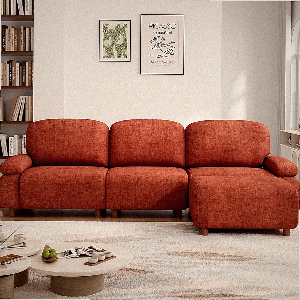 111" Modern L-Shape Sectional Sofa with Ottoman in Dark Orange Chenille
