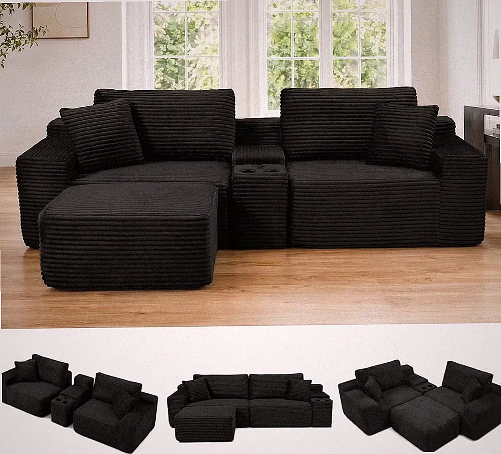 111" Oversized Boneless Modular L-Shaped Couch with Cup Holders & USB Charging P