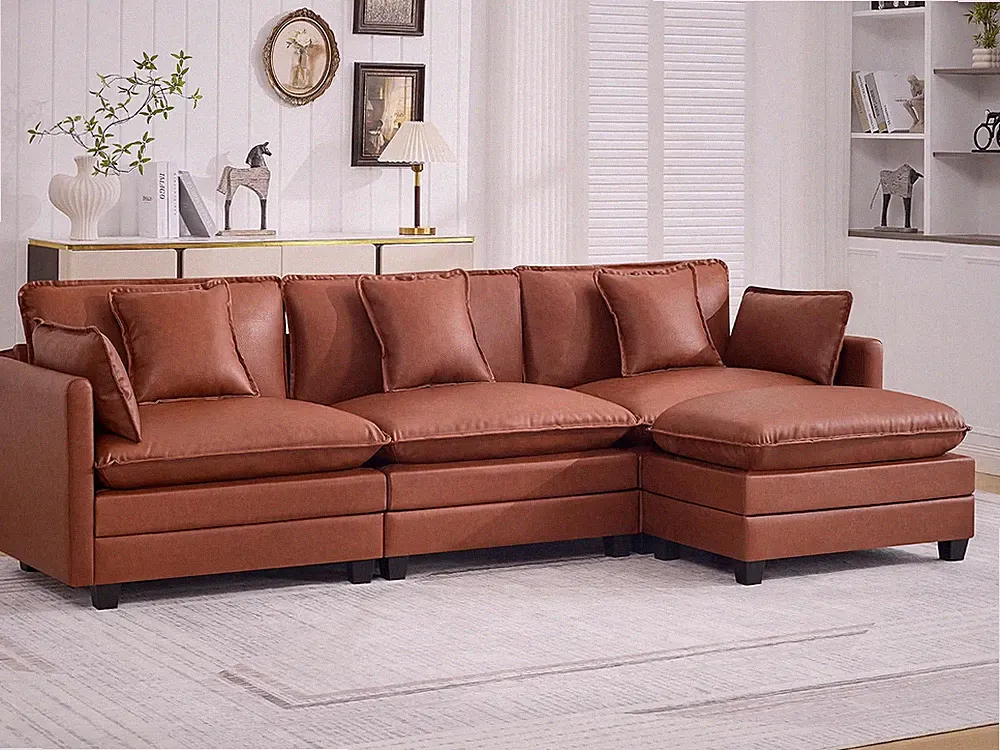 111'' Sectional Cloud Couch L Shaped Leather Sofa with Ottoman Brown
