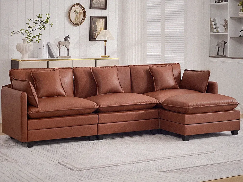 111'' Sectional Cloud Couch L Shaped Leather Sofa with Ottoman Brown